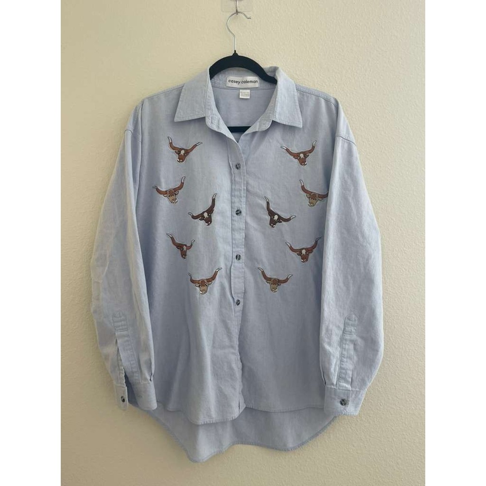 Casey Coleman Women Light Blue Embroidered Longhorn Bull Western Button Shirt